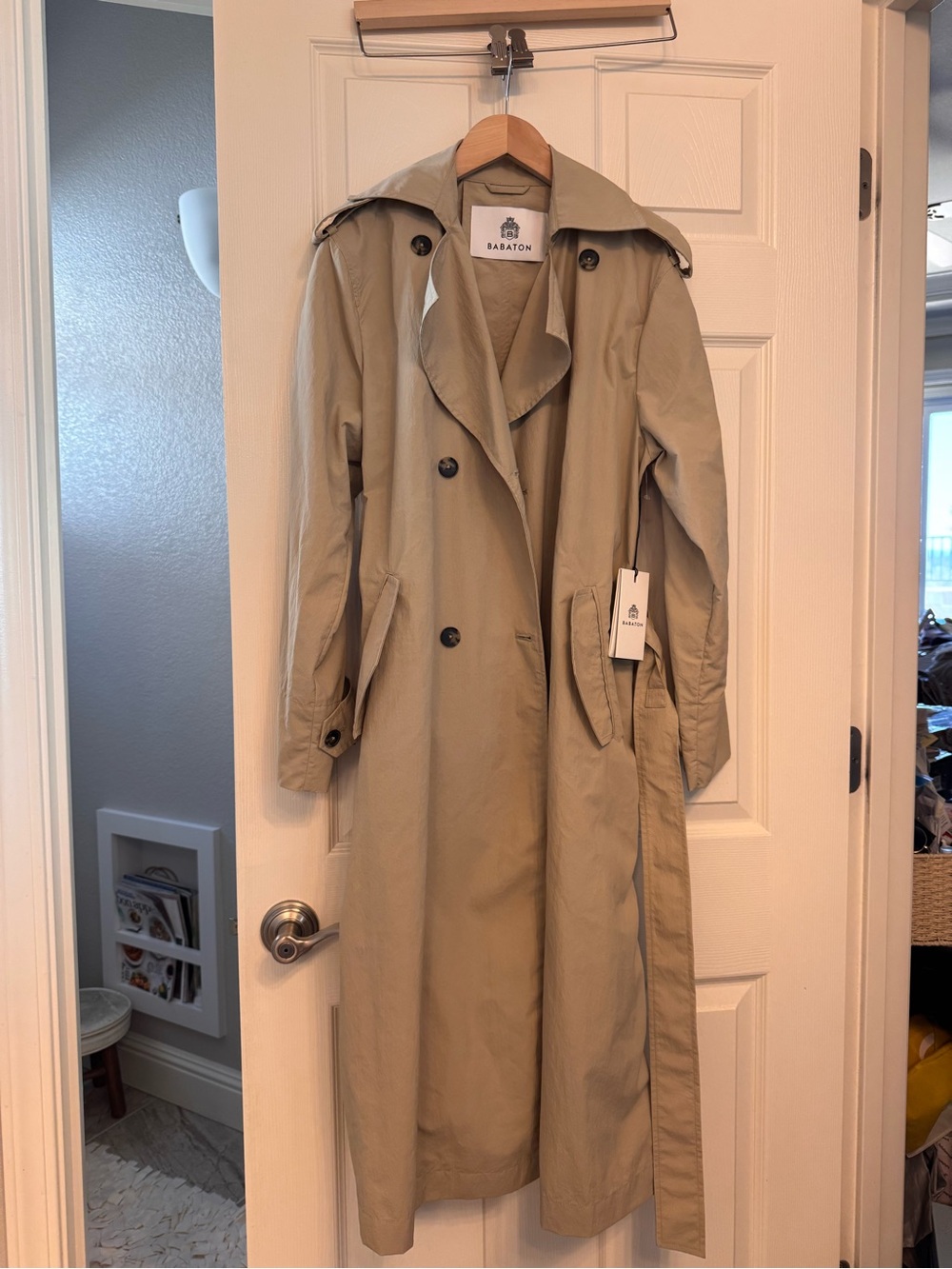 New - Aritzia Tan Long Double-Breasted Trench Coat - Picture 3 of 8